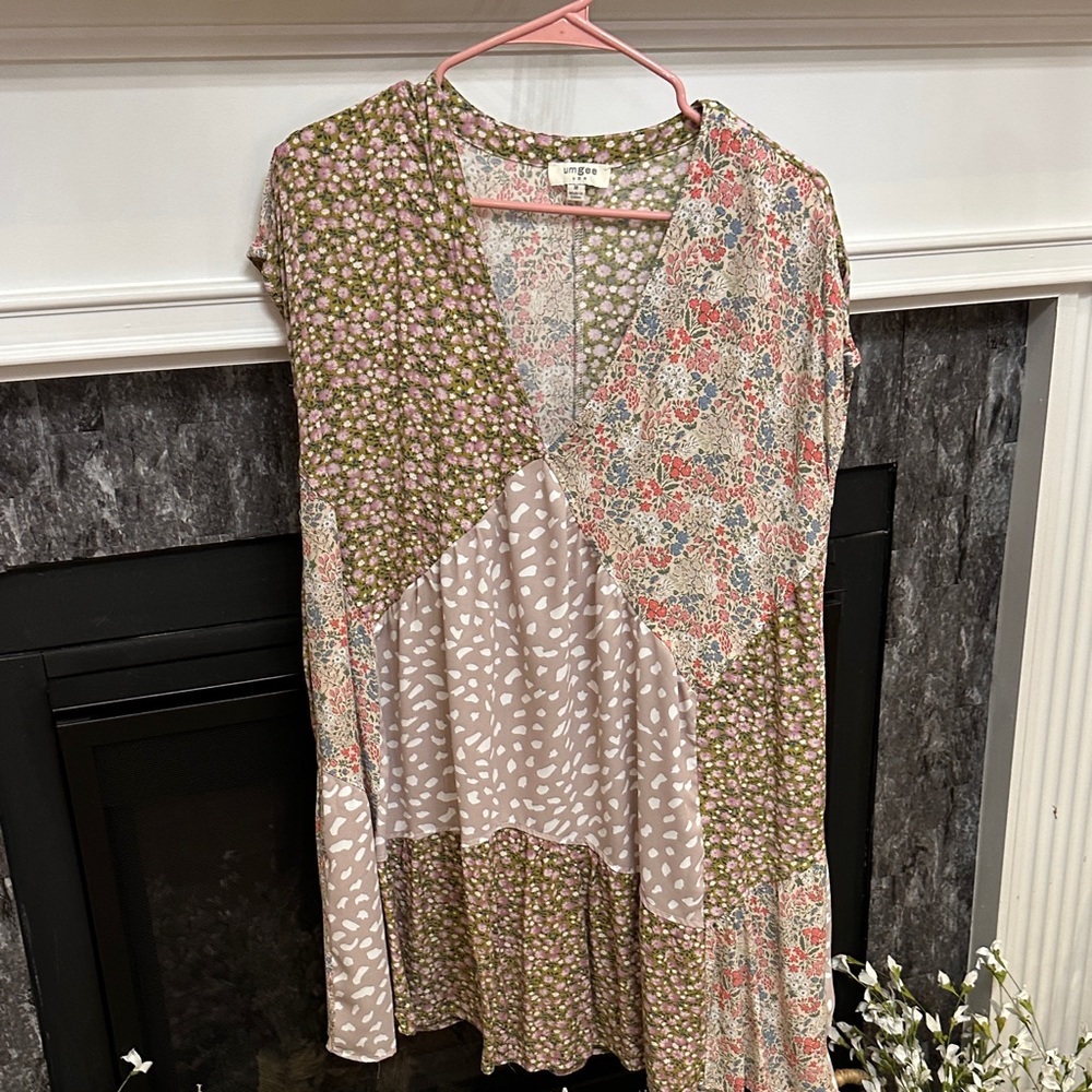 Umgee Floral Patchwork Dress - Pink, Green, Cream